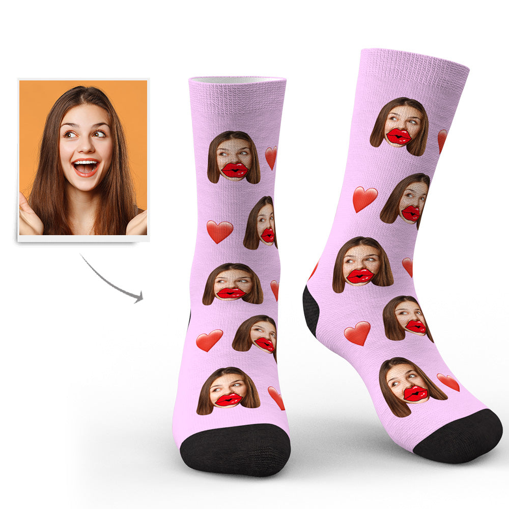 Custom Face Socks Personalized Unisex Socks with Heart and Red Lips