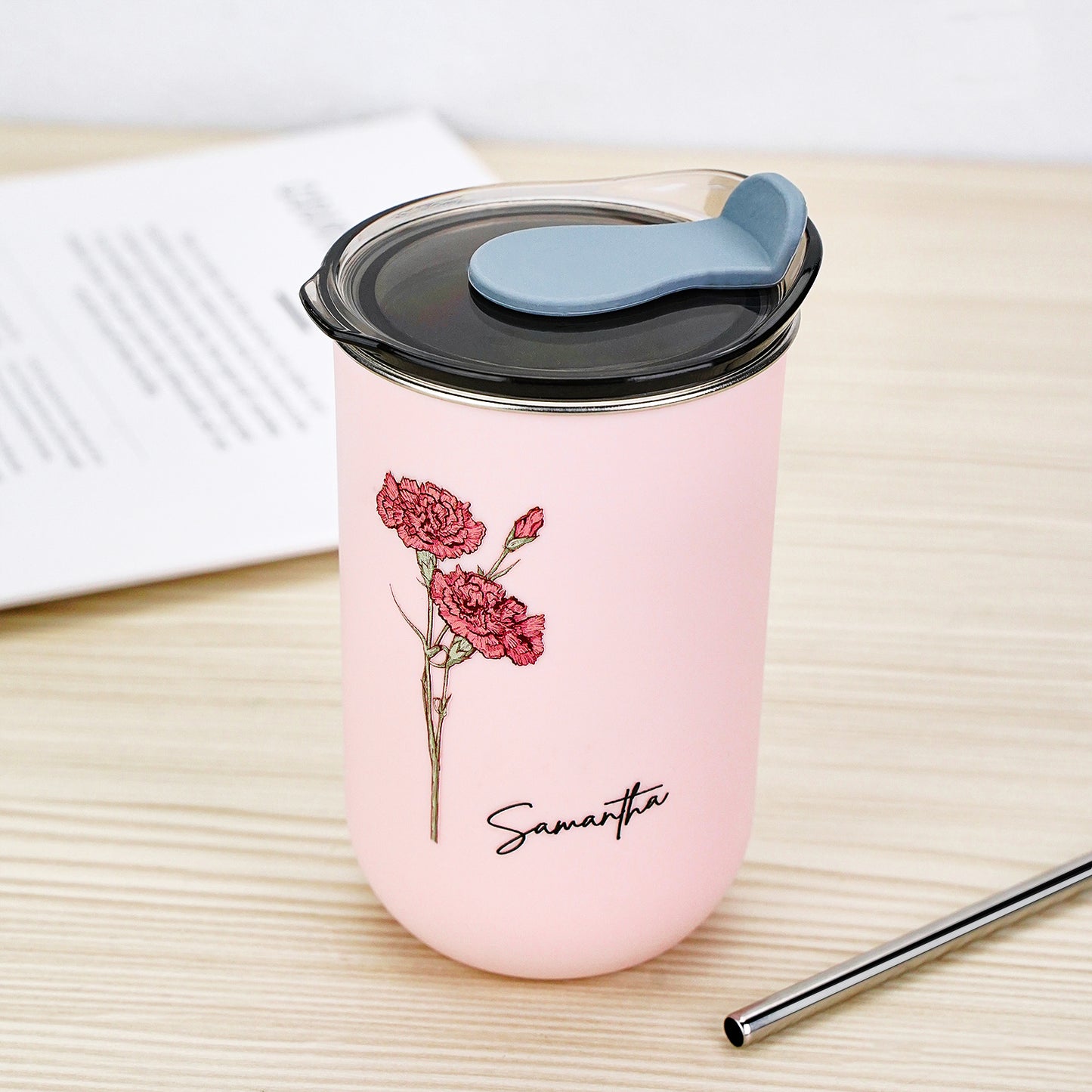 Custom Name Birth Flower Straw Coffee Cup 12oz/350ml - Personalized and Stylish