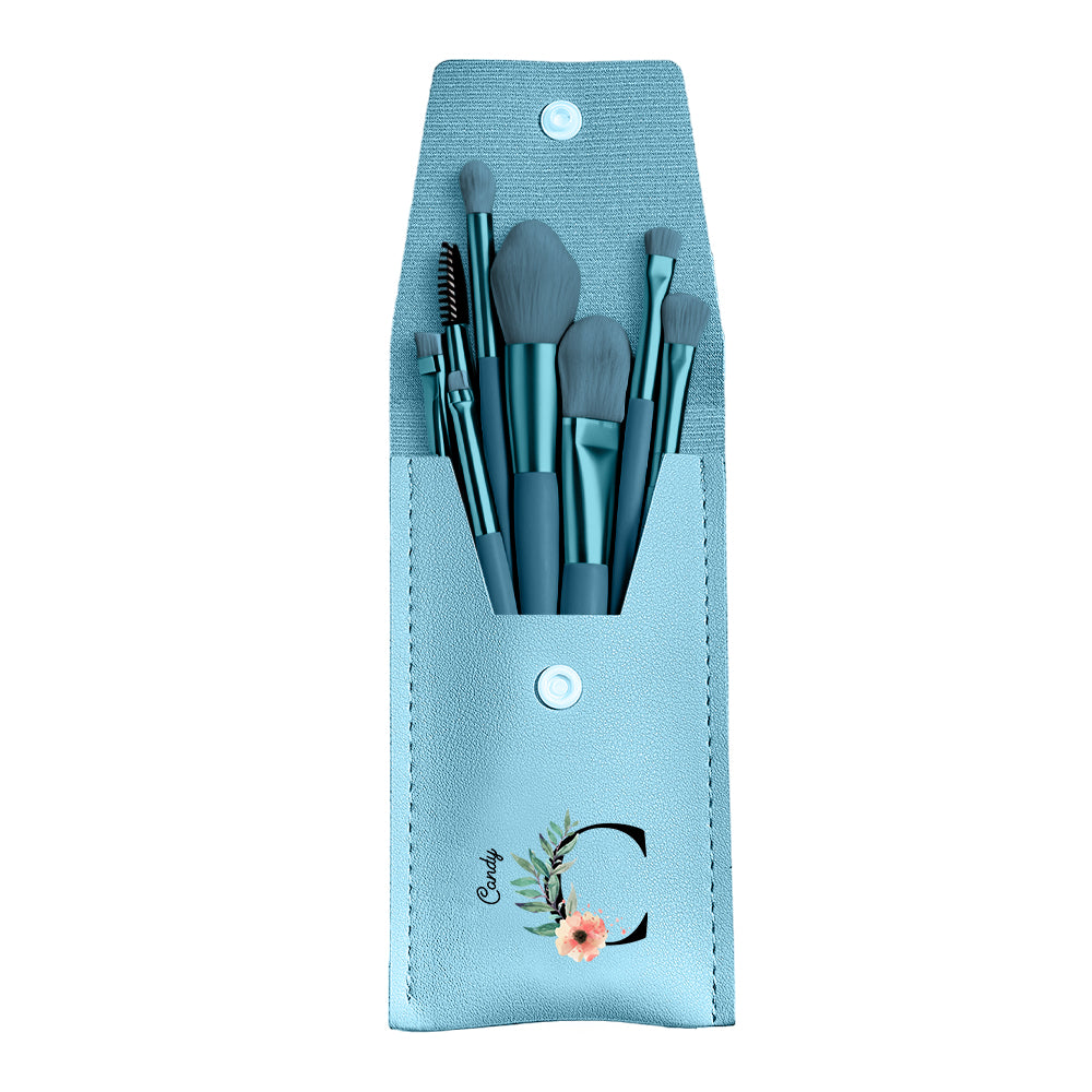 Personalized Flower PU Leather Makeup Brush Bag with 8 Pcs Makeup Brushes Gift for Her