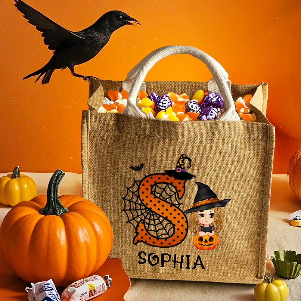 Personalized Cartoon Character Pumpkin Design Trick or Treat Candy Jute Tote Bag with Initial & Name Halloween Party Favors Gift for Kids