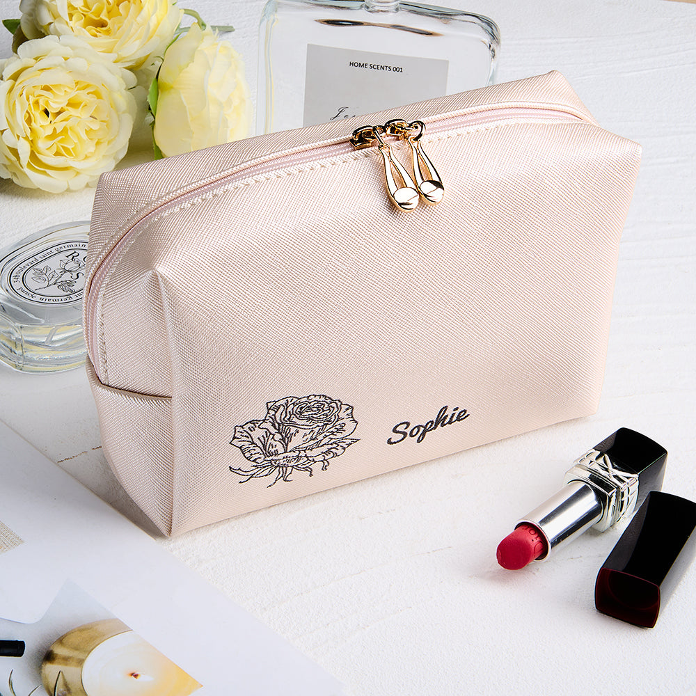 Personalized Birth Flower Makeup Bag Large Capacity Leather Cosmetic Bag Gift for Her