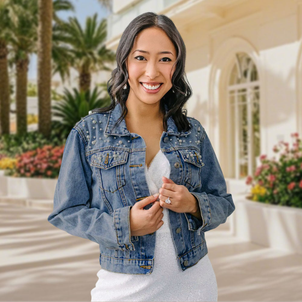 Personalized Funny Jean Jacket with Pearl Custom Face Hawaiian Style Denim Jacket Gift for Her