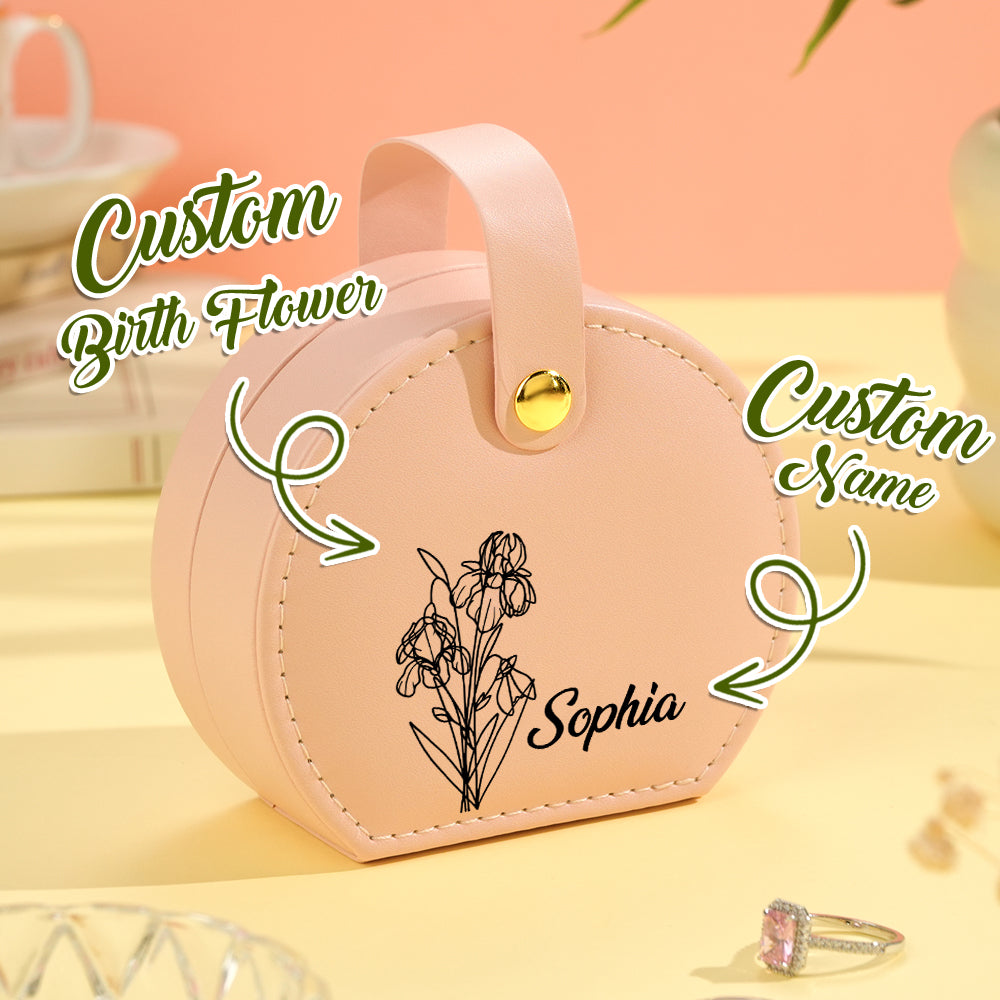 Personalized Birth Flower PU Leather Jewelry Box with Name Jewelry Box Gift for Her