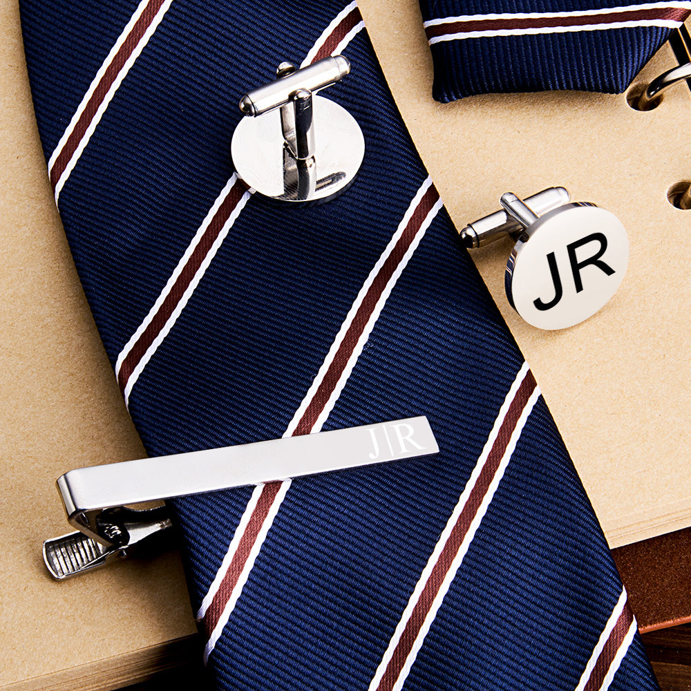 Personalized Engraved Tie Clip and Cufflinks Set with Wooden Box Wedding Gifts for Groomsmen