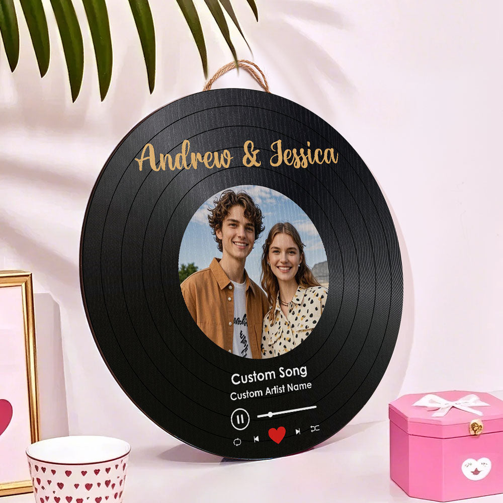 Personalized Music Vinyl Record Photo Round Wood Sign Gift for Lover