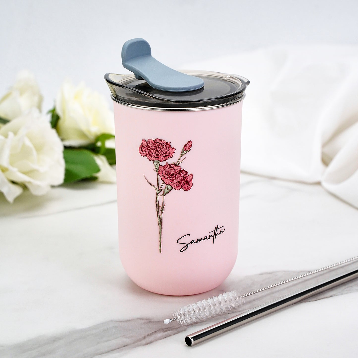 Custom Name Birth Flower Straw Coffee Cup 12oz/350ml - Personalized and Stylish