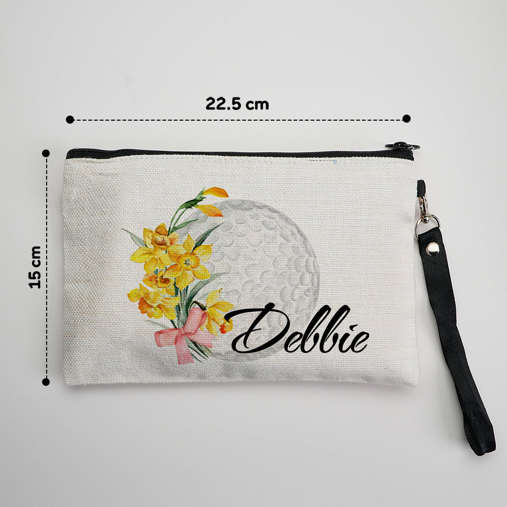 Custom Name Birth Flower and Golf Ball Design Canvas Makeup Bag - Personalized and Unique