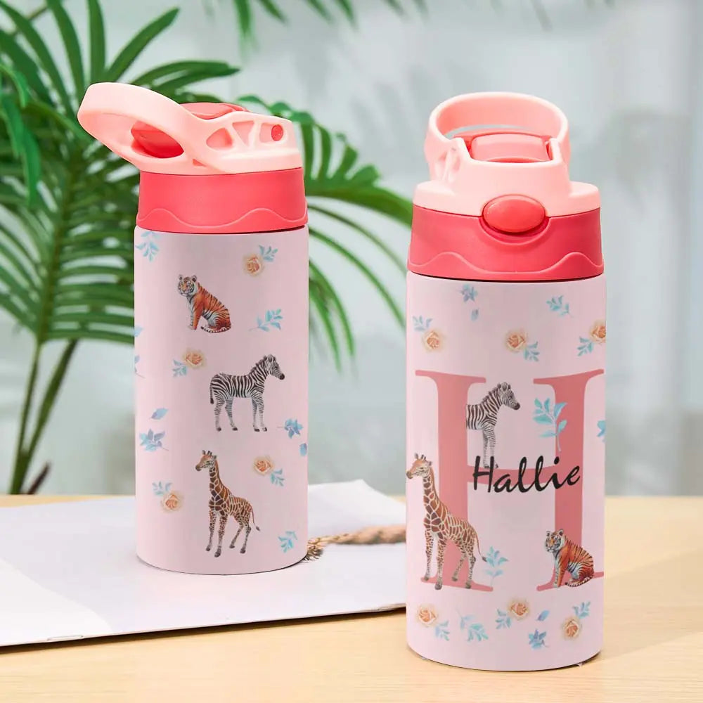 Personalized 12oz Water Bottle with Straw Animal Jungle Water Bottle Birthday Gift for Kids