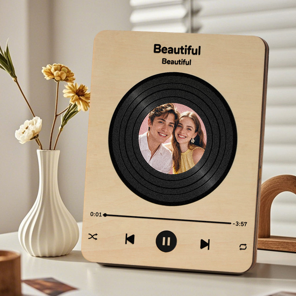 Personalized Photo Wooden Music Record Player Wedding Anniversary Gift for Couples