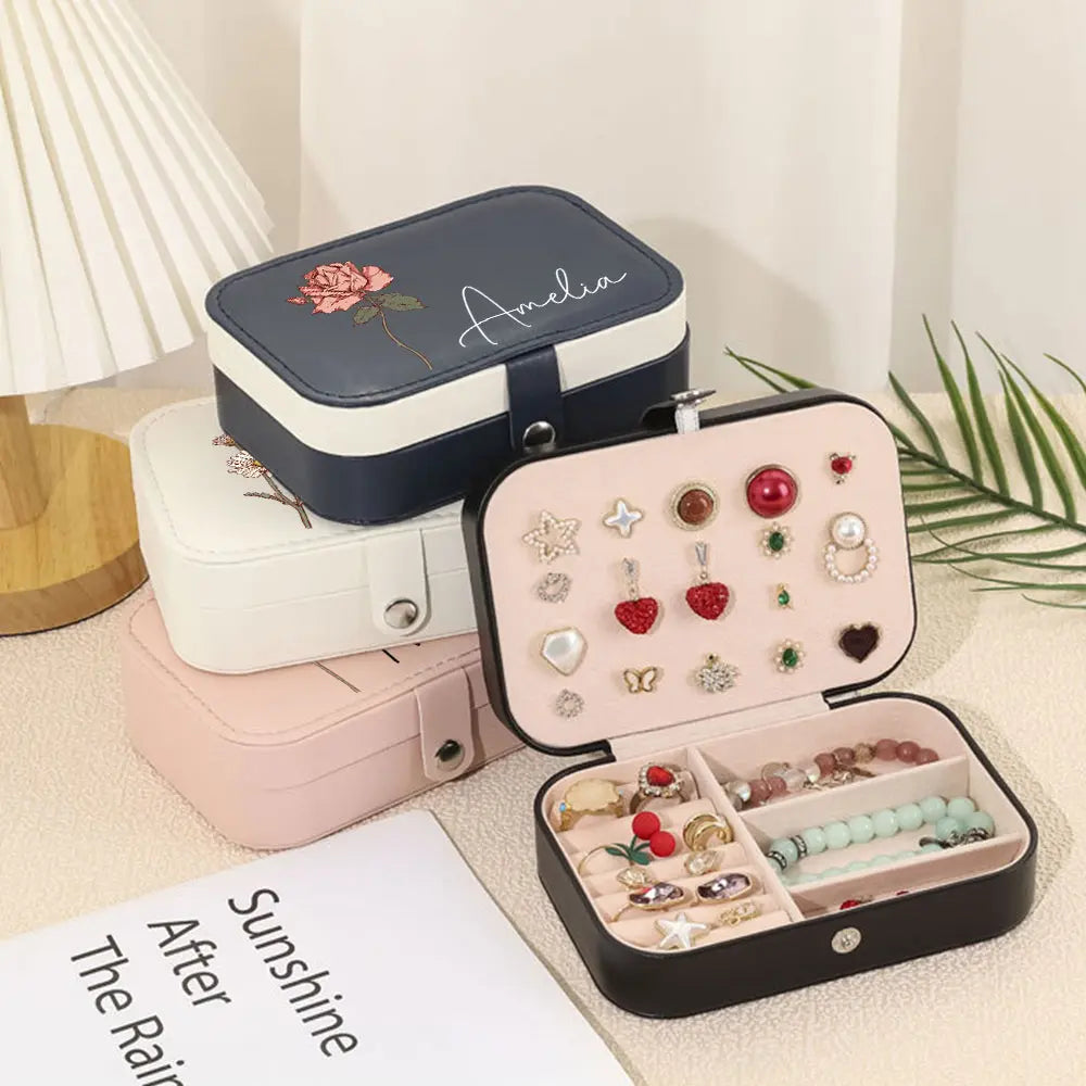 Personalized Birth Flower Leather Travel Jewelry Box with Name Waterproof Multiple Compartments Birthday Bridesmaid Gift for Women Girls