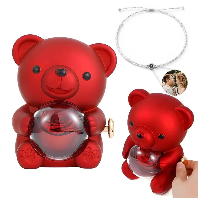 Personalized Photo Projection Bracelet with Rose Bear Giftbox Jewelry Sets Best Valentines Day Gift for Lover