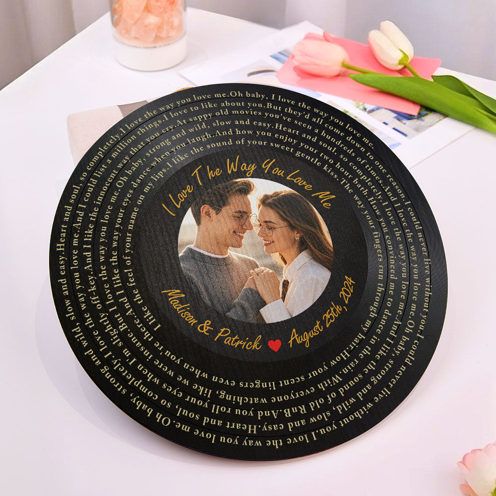 Personalized Vinyl Record Song Lyrics and Photo Round Wood Sign Gift for Lover