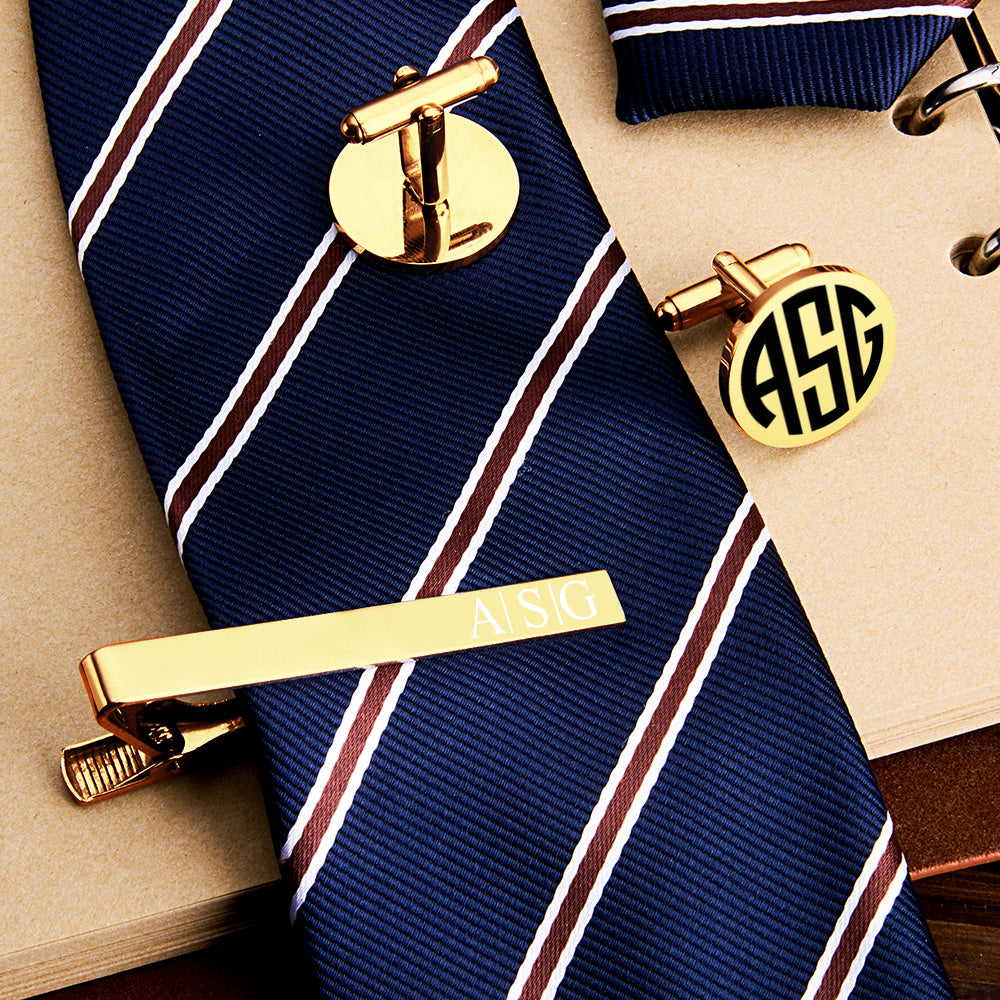 Personalized Engraved Tie Clip and Cufflinks Set with Wooden Box Wedding Gifts for Men