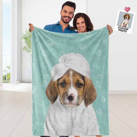 Custom Pet Blanket with Picture Personalized Dog Pet Human in Bathrobe Funny Blanket