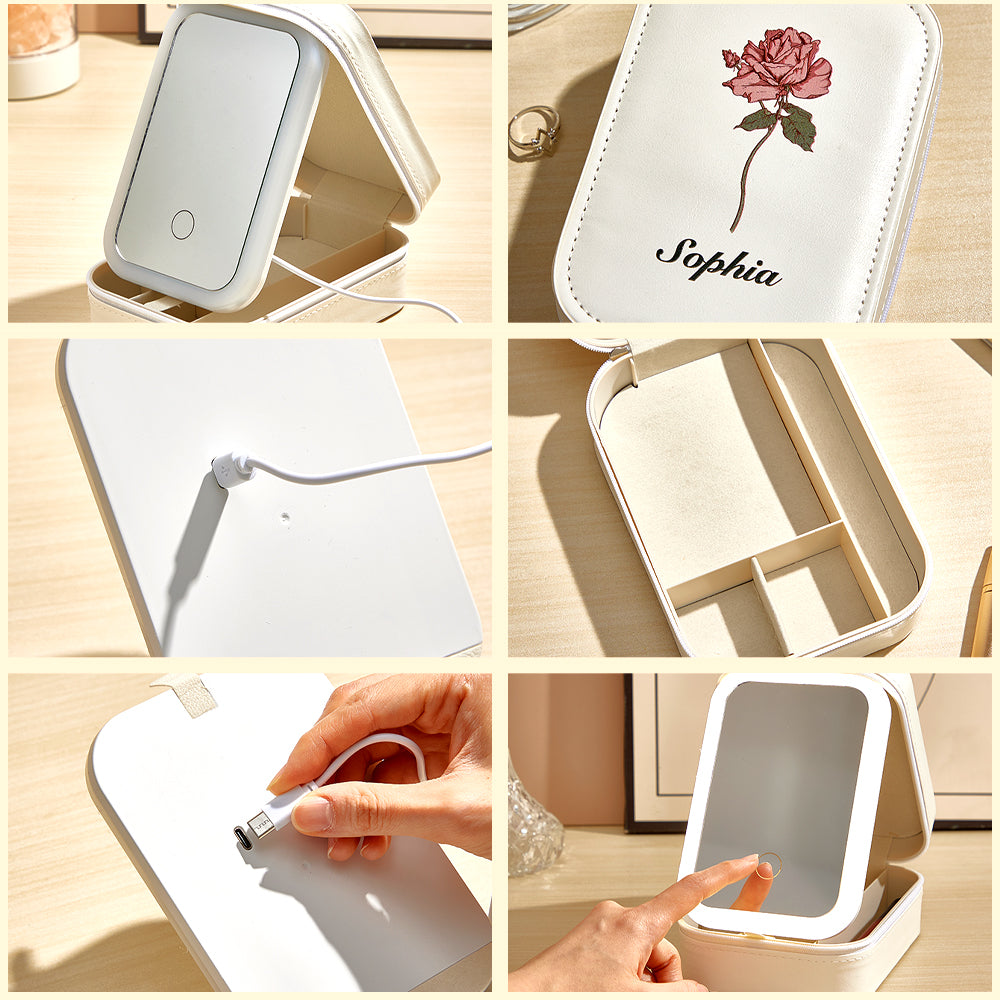 Personalized Birth Flower PU Leather Jewelry Box with LED Makeup Mirror Birthday Gift for Her