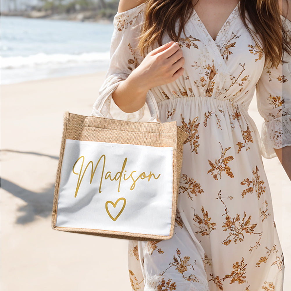 Personalized Jute Tote Bag with Pocket Reusable Beach Travel Accessory Bridal Party Wedding Gift for Her