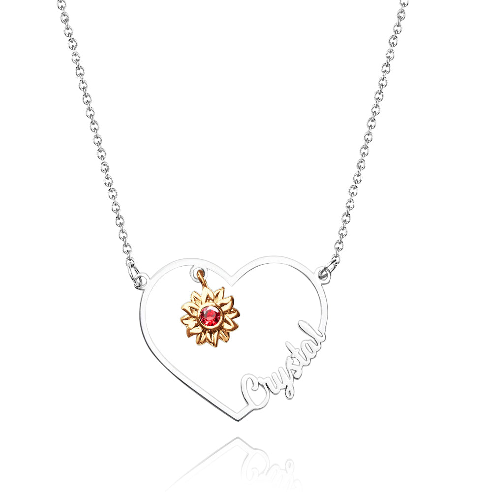 Personalized Heart-Shaped Sunflower Name Necklace with Birthstone Birthday Anniversary Gift for Her