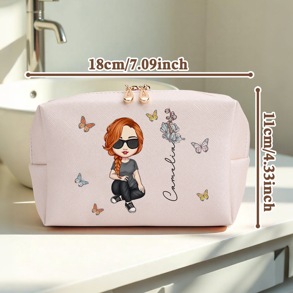 Personalized Cartoon Character Makeup Bag with Birth Flower PU Leather Cosmetic Bag Gift for Her