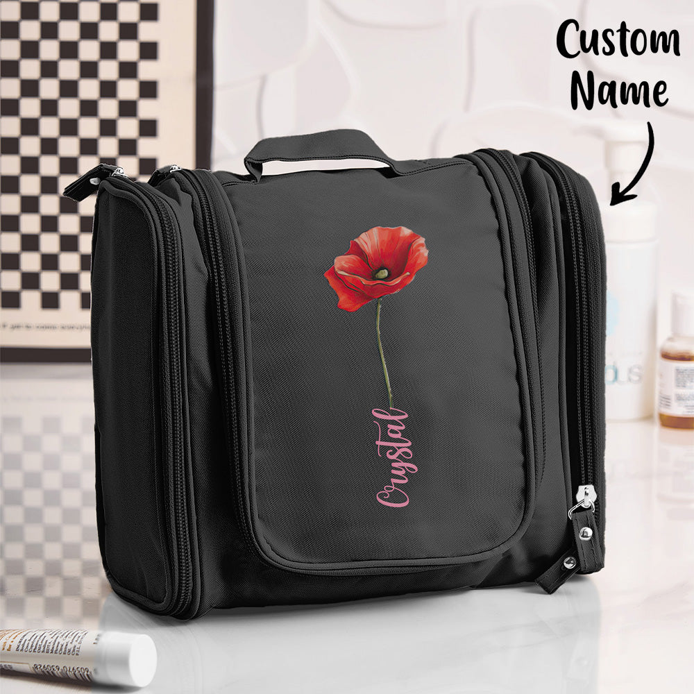 Personalized Birth Flower Waterproof Toiletry Bag with Hanging Hook Makeup Organizer Gift for Her