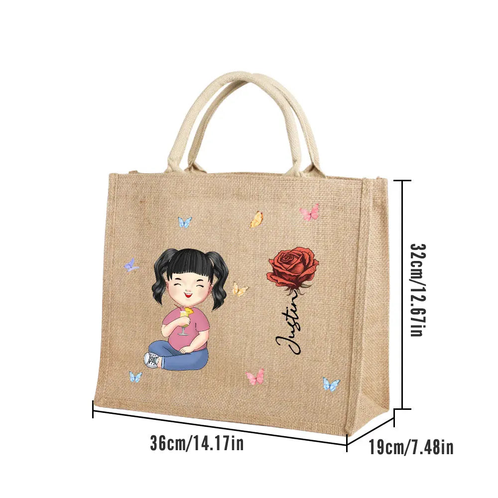 Personalized Cartoon Women Girl Birth Flower Grandma's Garden Jute Tote Bag with Name Wedding Birthday Gift for Her