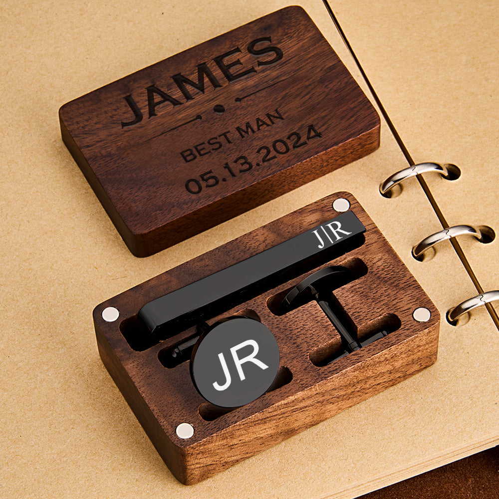 Personalized Engraved Tie Clip and Cufflinks Set with Wooden Box Wedding Gifts for Groomsmen