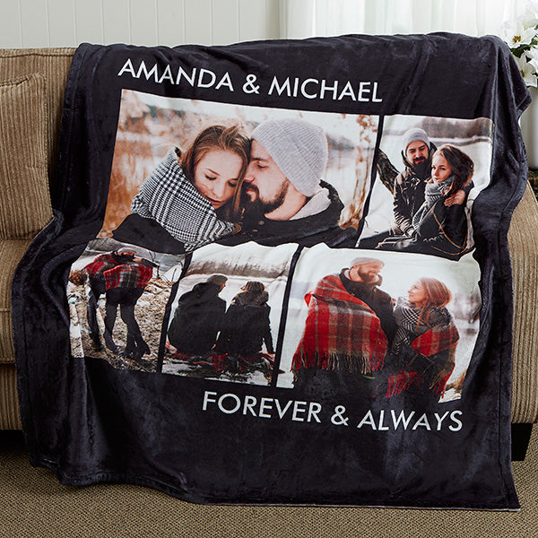 Personalised 5 Photos Fleece Blankets Custom Text Throw Couples Blanket