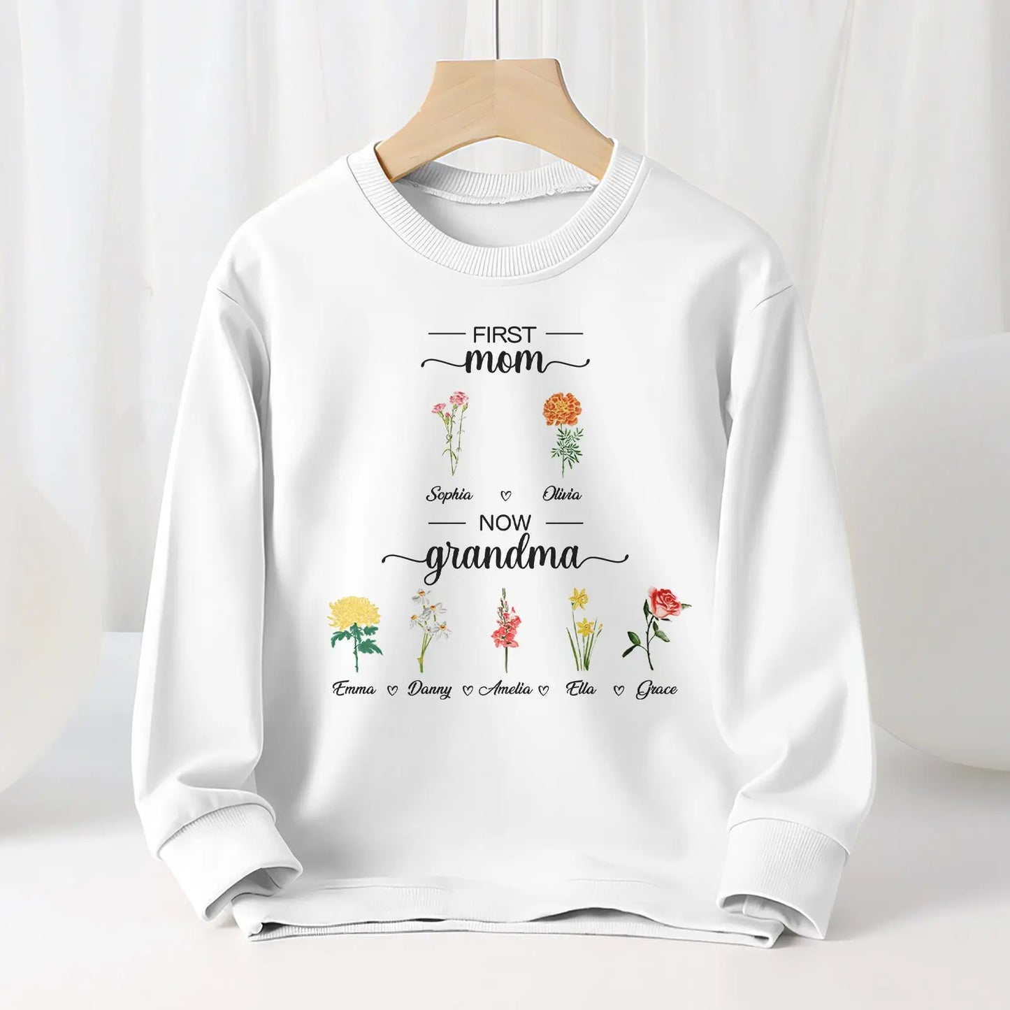 Personalized First Mom Now Grandma Sweatshirt Custom Birth Flowers Sweatshirts for Mother's Day Gift