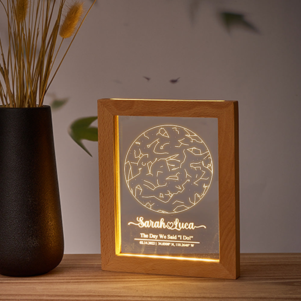 Custom Engraved Star Map Print Constellation Print Night Light with Wood Frame