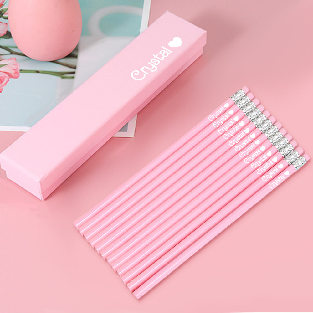 Personalized Name Pink Box of 12 HB Pencils with Eraser Pink Stationery Set Back to School Gift for Kids