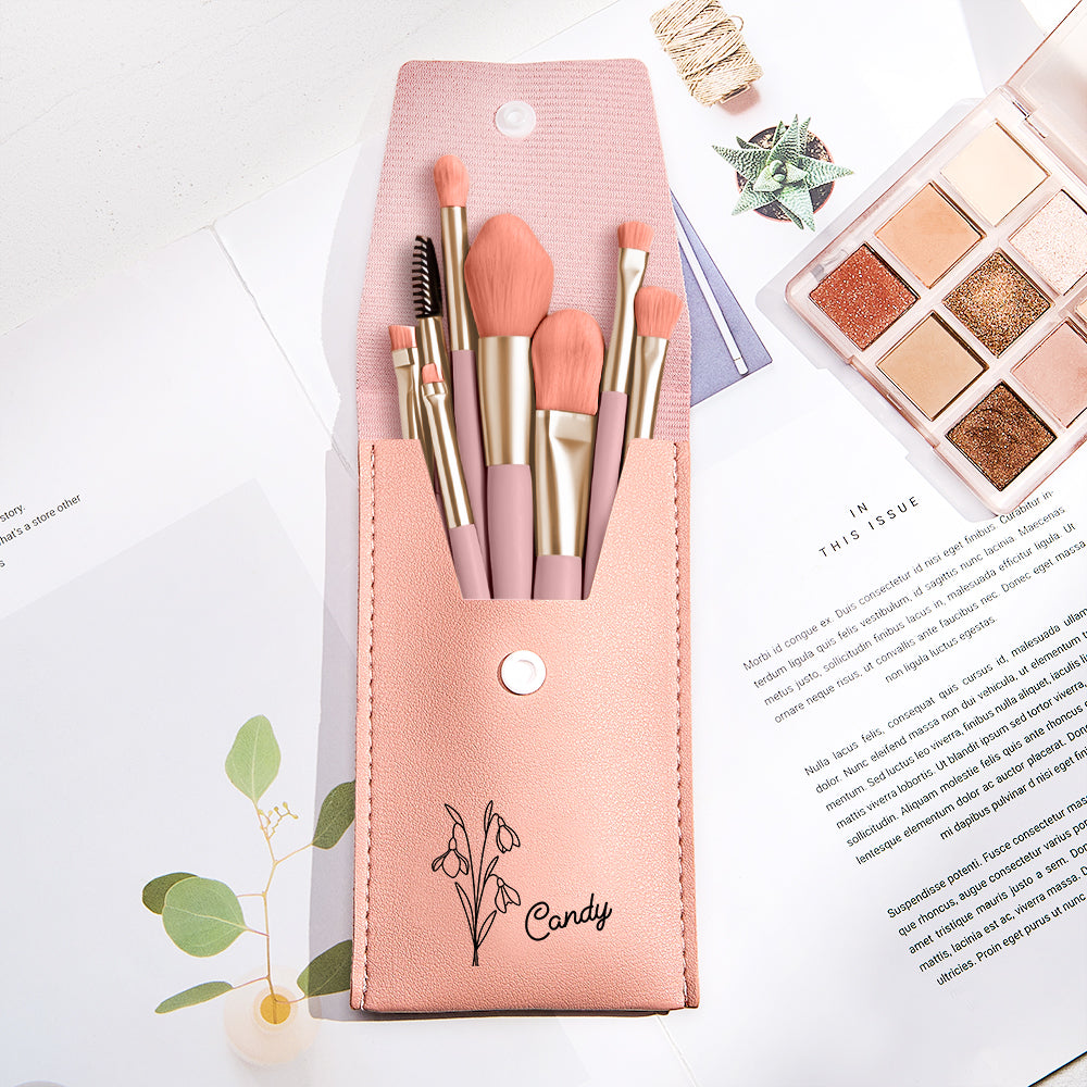 Personalized Birth Flower PU Leather Makeup Brush Bag with 8 Pcs Makeup Brushes Birthday Gift for Her