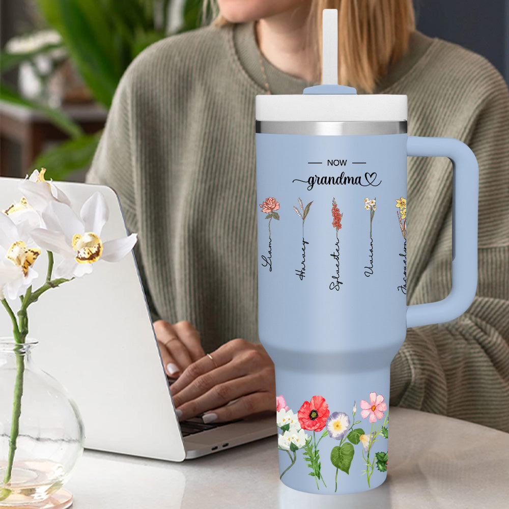 Personalized First Mom Now Grandma 40oz Tumbler with Straw Birthday Gift for Grandma