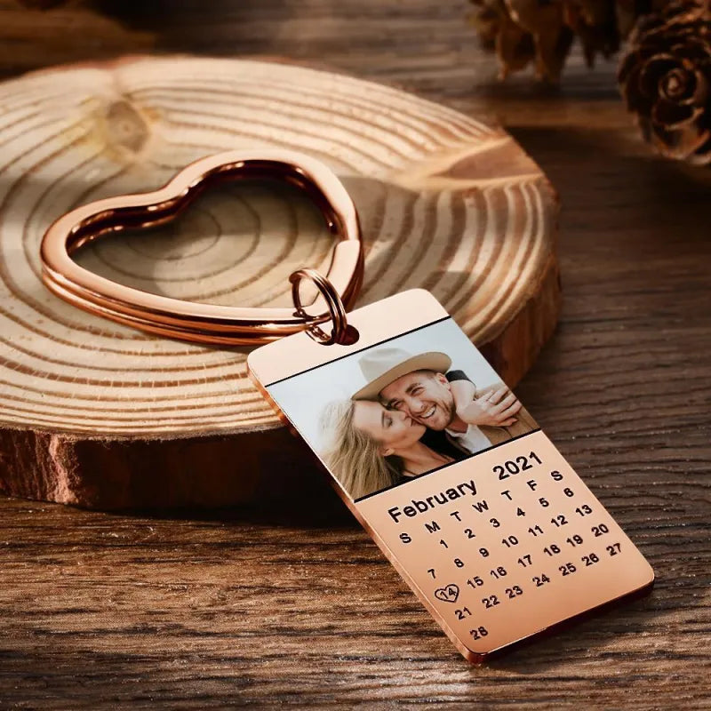 Personalized Photo Calendar Keychain Stainless Steel Keyring Anniversary Gifts for Him