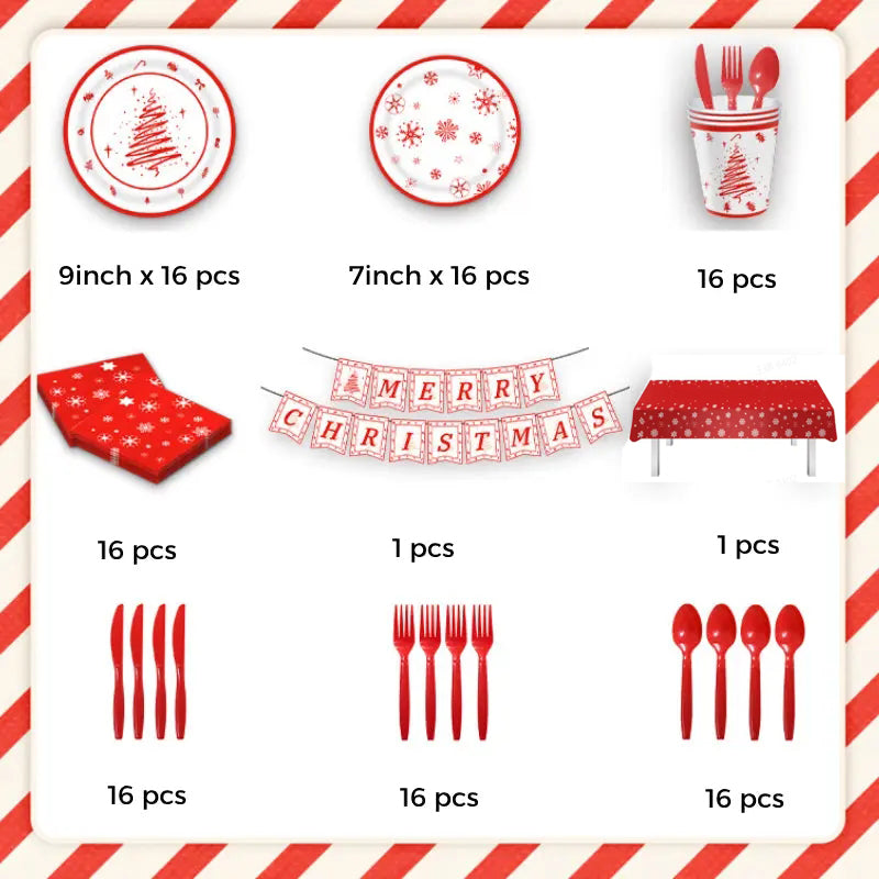 Christmas Disposable Tableware Set 114pcs Xmas Dinnerware Christmas Party Supplies