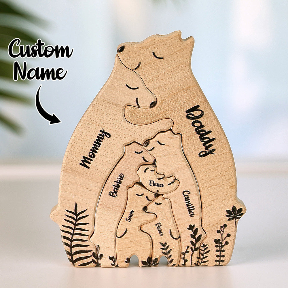 Custom Name Wooden Heart Bear Puzzle – Personalized Family Gift