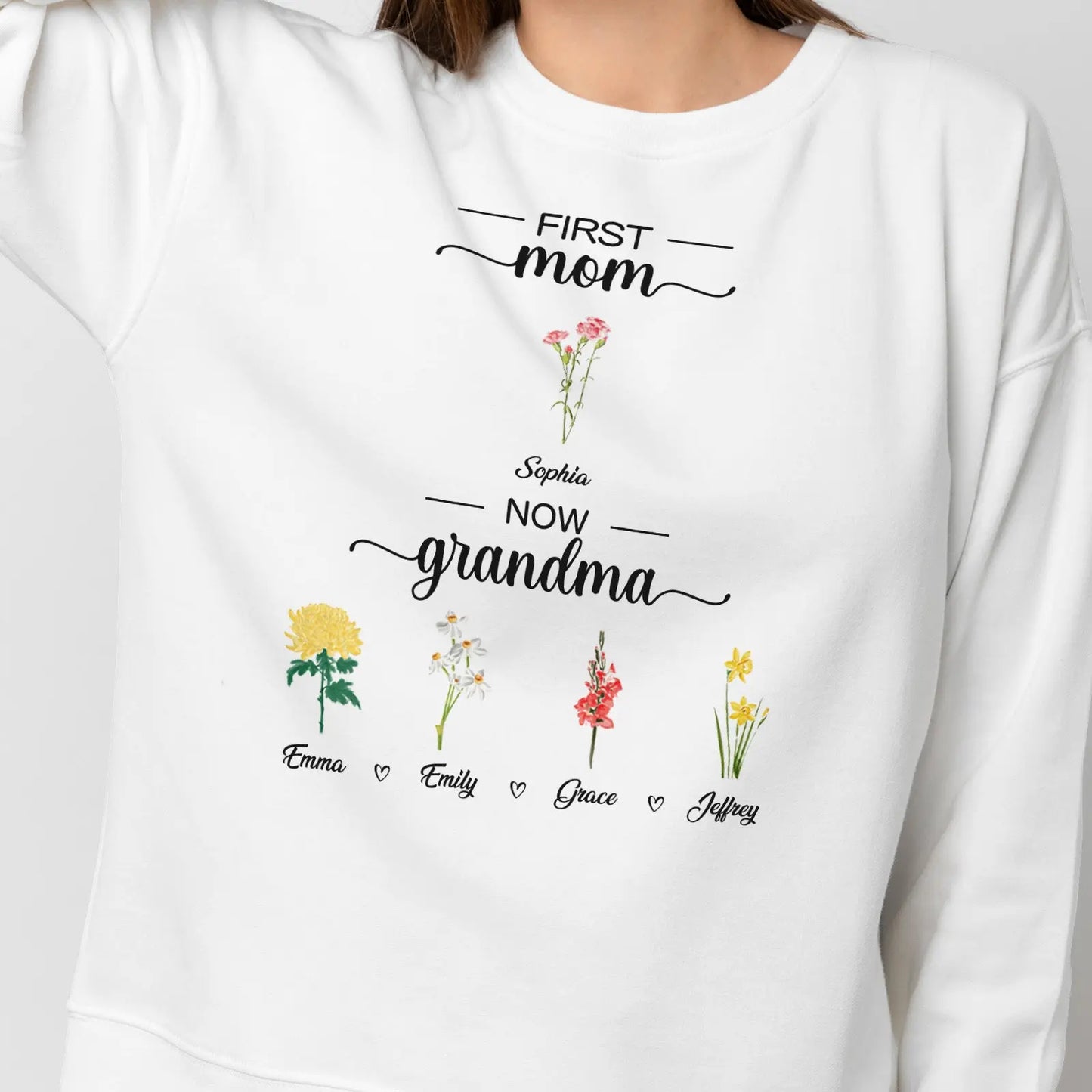 Personalized First Mom Now Grandma Sweatshirt Custom Birth Flowers Sweatshirts for Mother's Day Gift