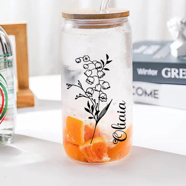 Personalized Name Glass Can with Birth Flower Custom Can Glass with Straw Gift for Mother Friends Family Bridesmaid Wedding Gifts