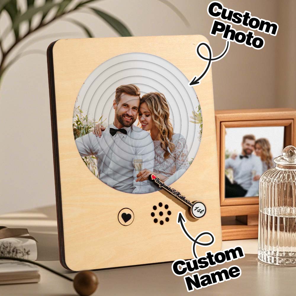 Personalized Photo Wooden Album Music Record Player Wedding Anniversary Gift for Couples