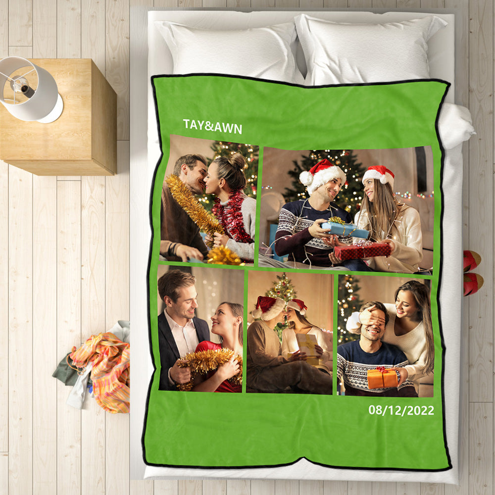 Personalised 5 Photos Fleece Blankets Custom Text Throw Couples Blanket