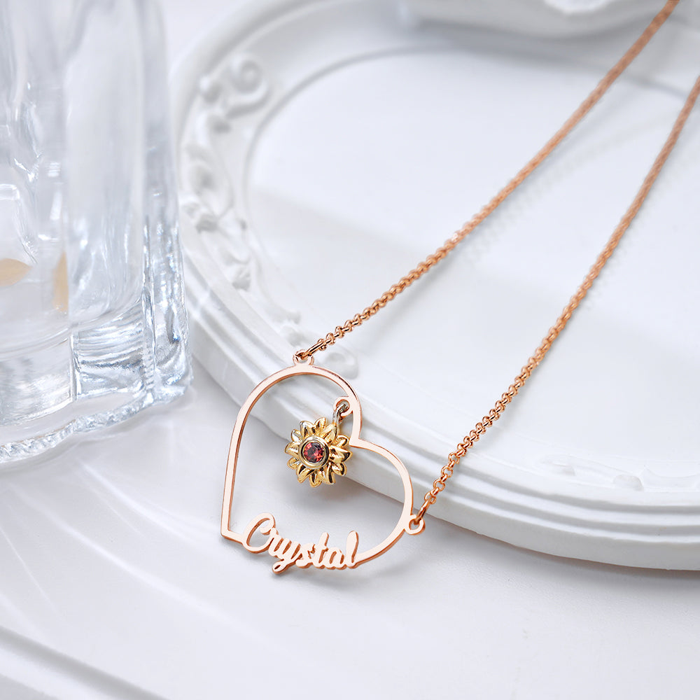 Personalized Heart-Shaped Sunflower Name Necklace with Birthstone Birthday Anniversary Gift for Her