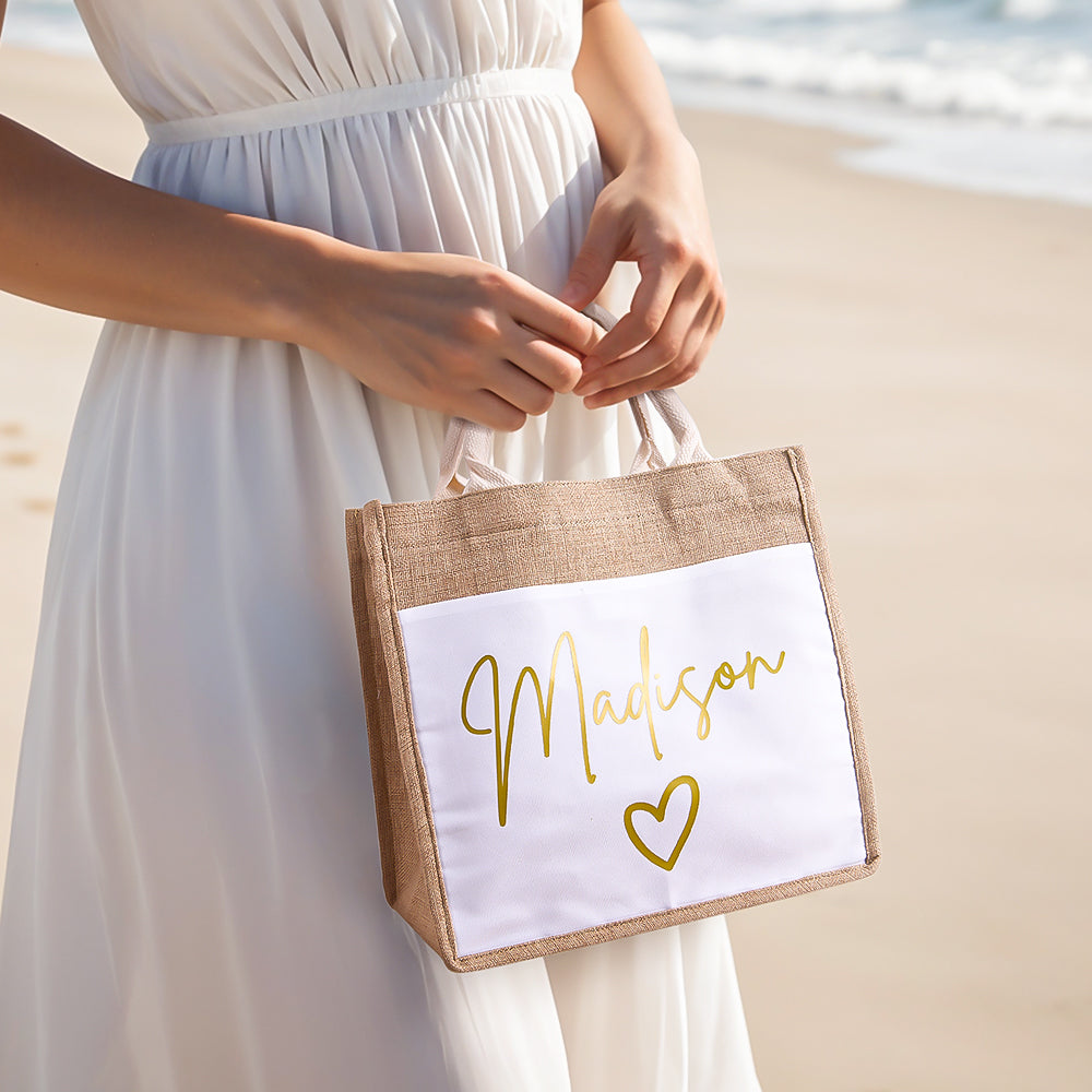 Personalized Jute Tote Bag with Pocket Reusable Beach Travel Accessory Bridal Party Wedding Gift for Her