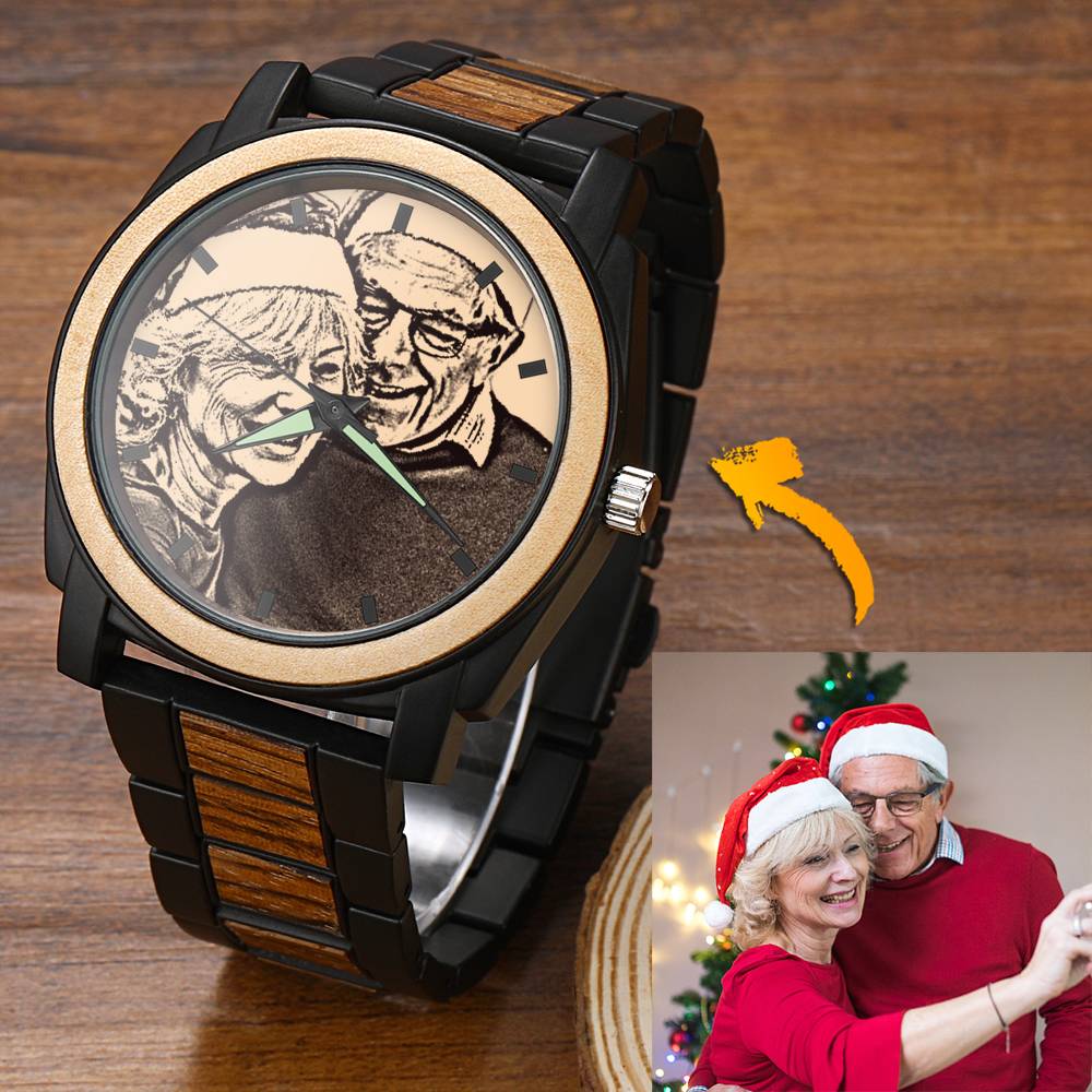 Personalized Engraved Photo Watch with Wood Strap 45mm