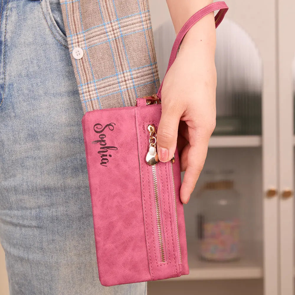 Personalized Leather Wallet with Wristlet Custom Text Wallet Birthday Bridesmaid Gift for Her