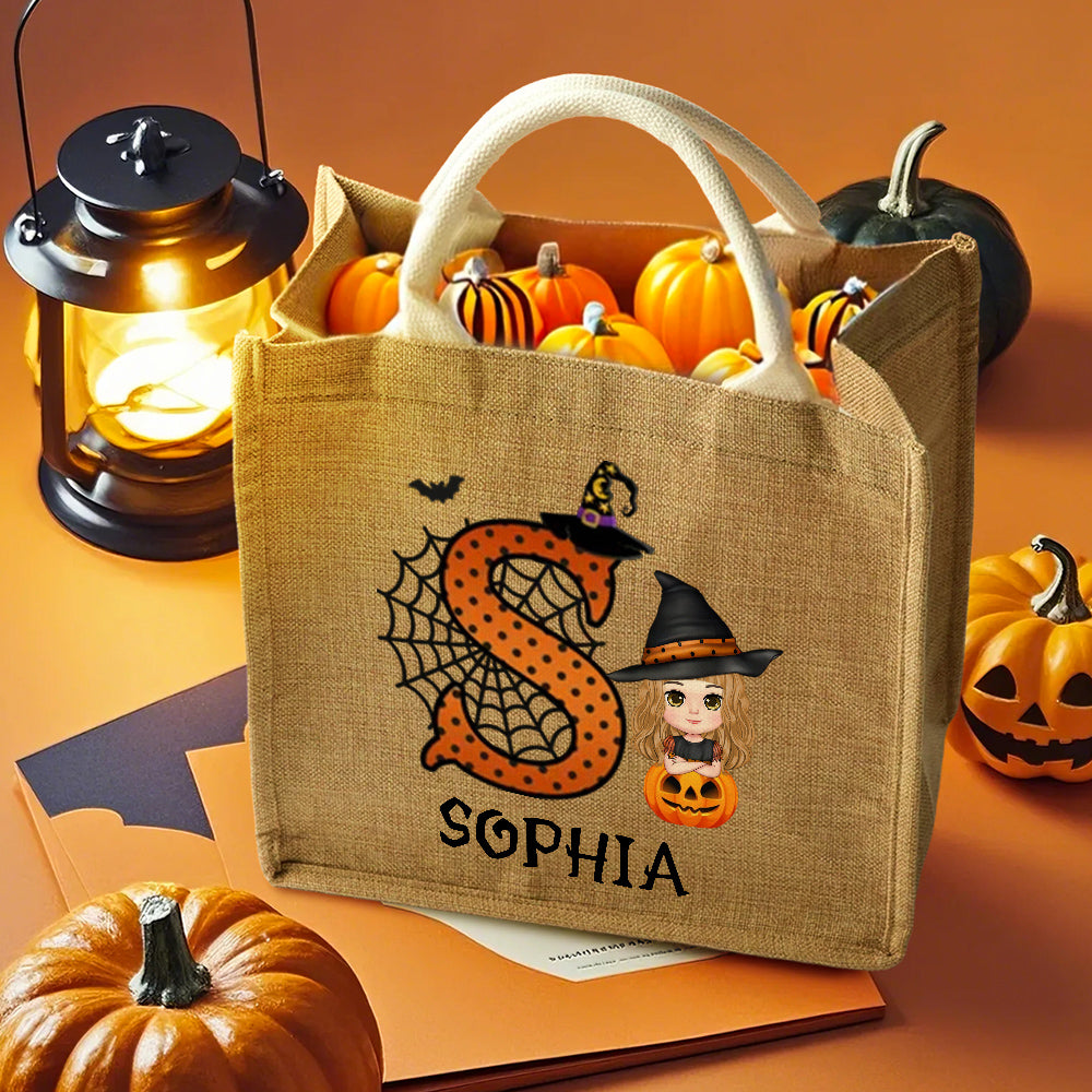 Personalized Cartoon Character Pumpkin Design Trick or Treat Candy Jute Tote Bag with Initial & Name Halloween Party Favors Gift for Kids