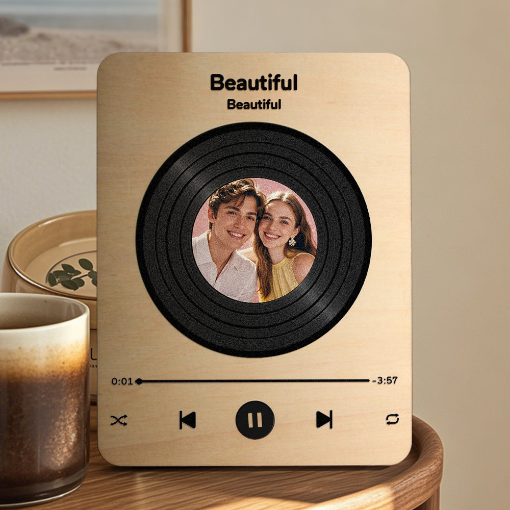 Personalized Photo Wooden Music Record Player Wedding Anniversary Gift for Couples