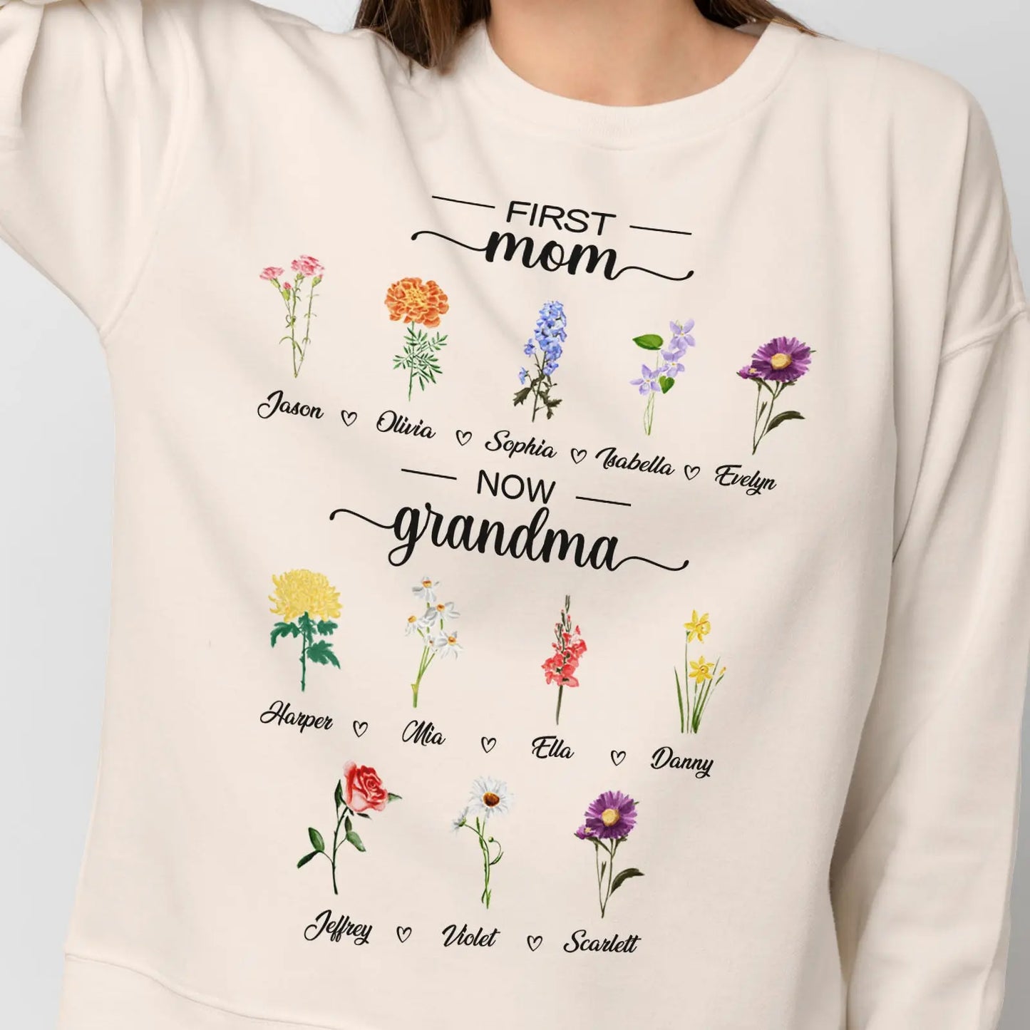 Personalized First Mom Now Grandma Sweatshirt Custom Birth Flowers Sweatshirts for Mother's Day Gift