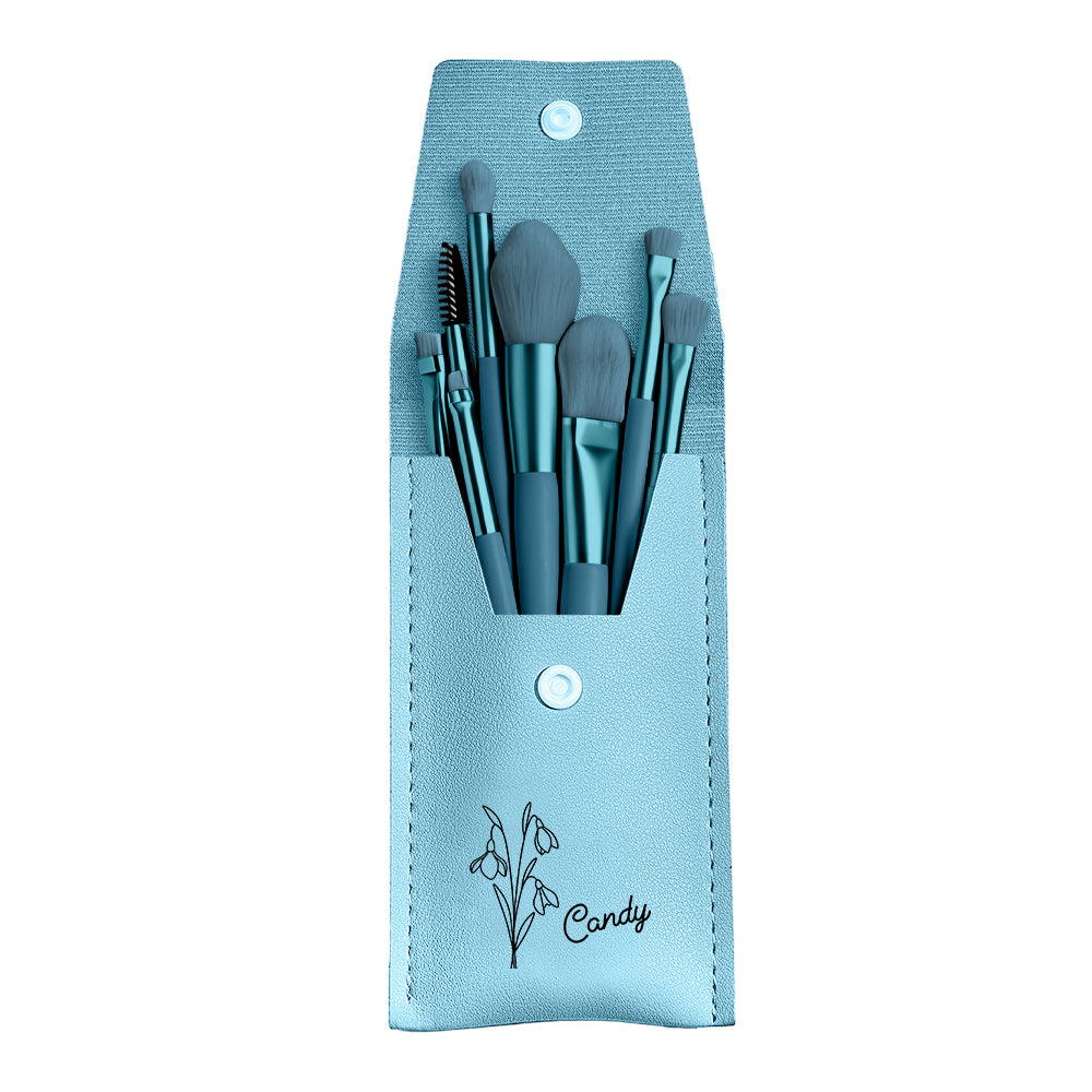 Personalized Birth Flower PU Leather Makeup Brush Bag with 8 Pcs Makeup Brushes Birthday Gift for Her