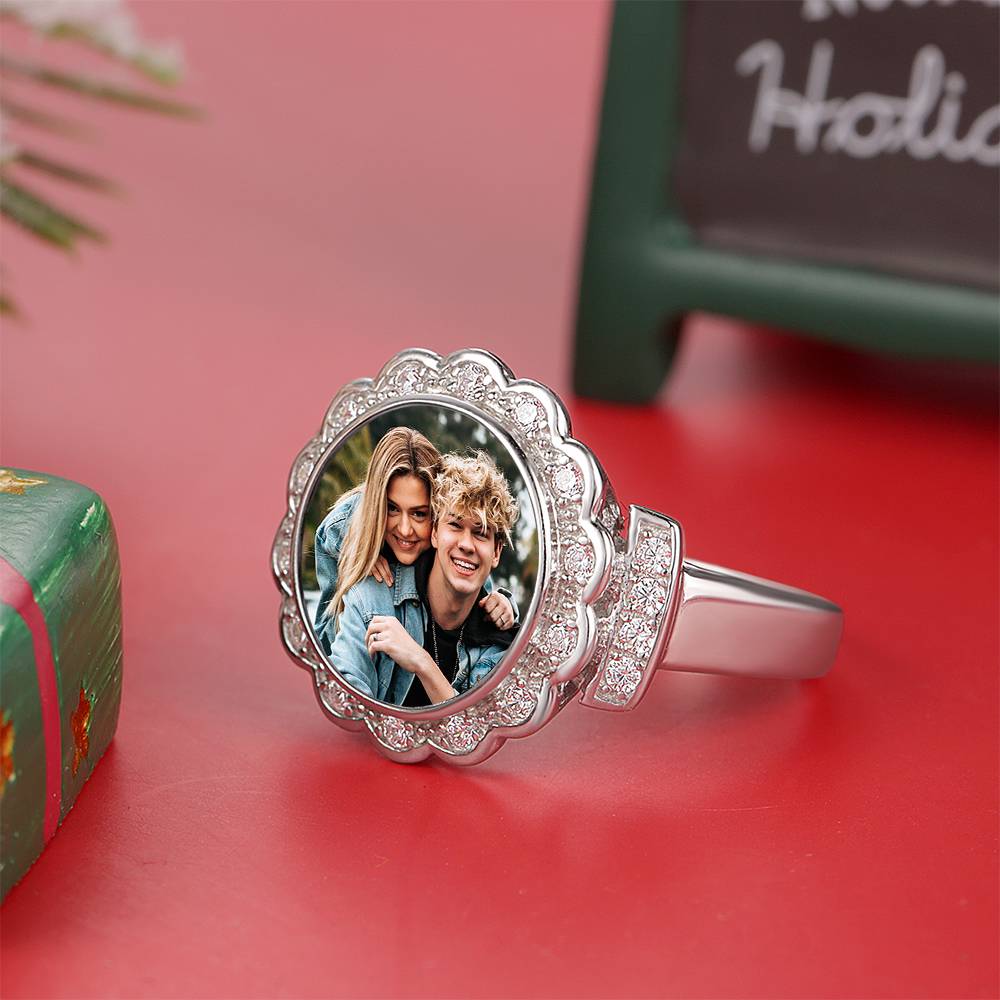 Custom Photo Ring Round Photo with Zircon Mother's Gift