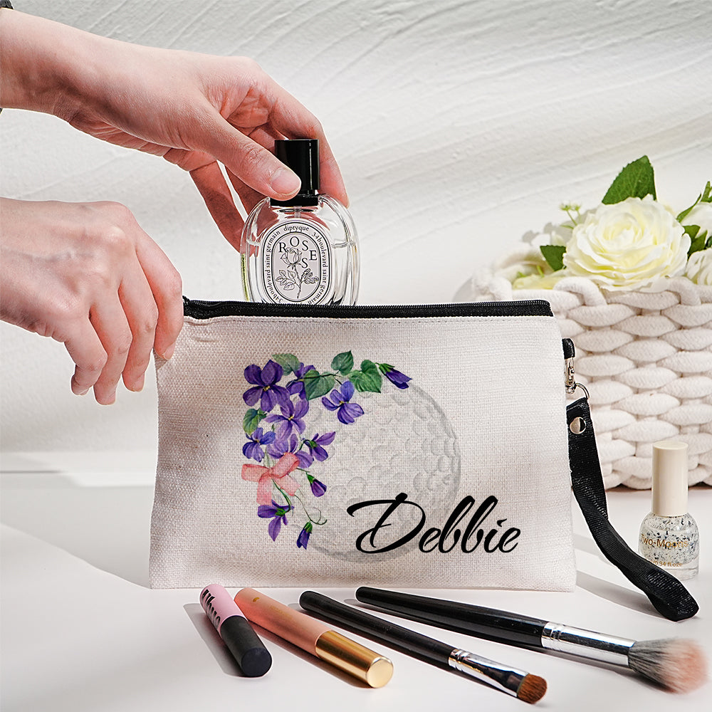 Custom Name Birth Flower and Golf Ball Design Canvas Makeup Bag - Personalized and Unique