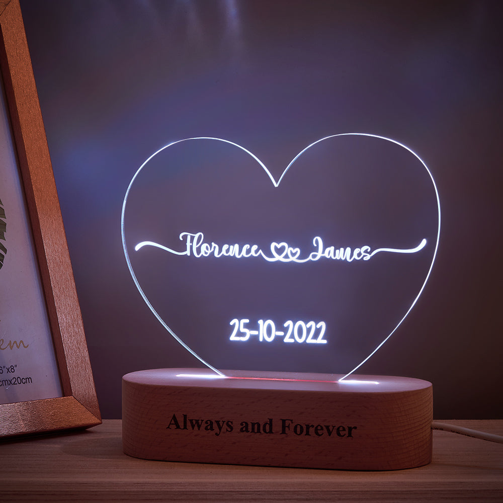 Heart Shaped Acrylic Plaque Personalized Name and Date Night Light