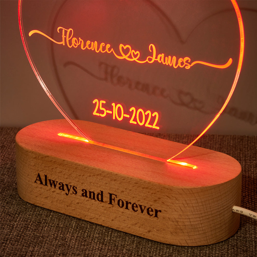 Heart Shaped Acrylic Plaque Personalized Name and Date Night Light